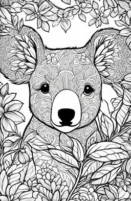 This adult coloring page features a highly detailed koala, inspired by Joanna Basford's enchanting style