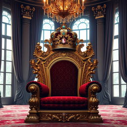 A beautifully crafted royal throne adorned with intricate carvings and gold leaf accents