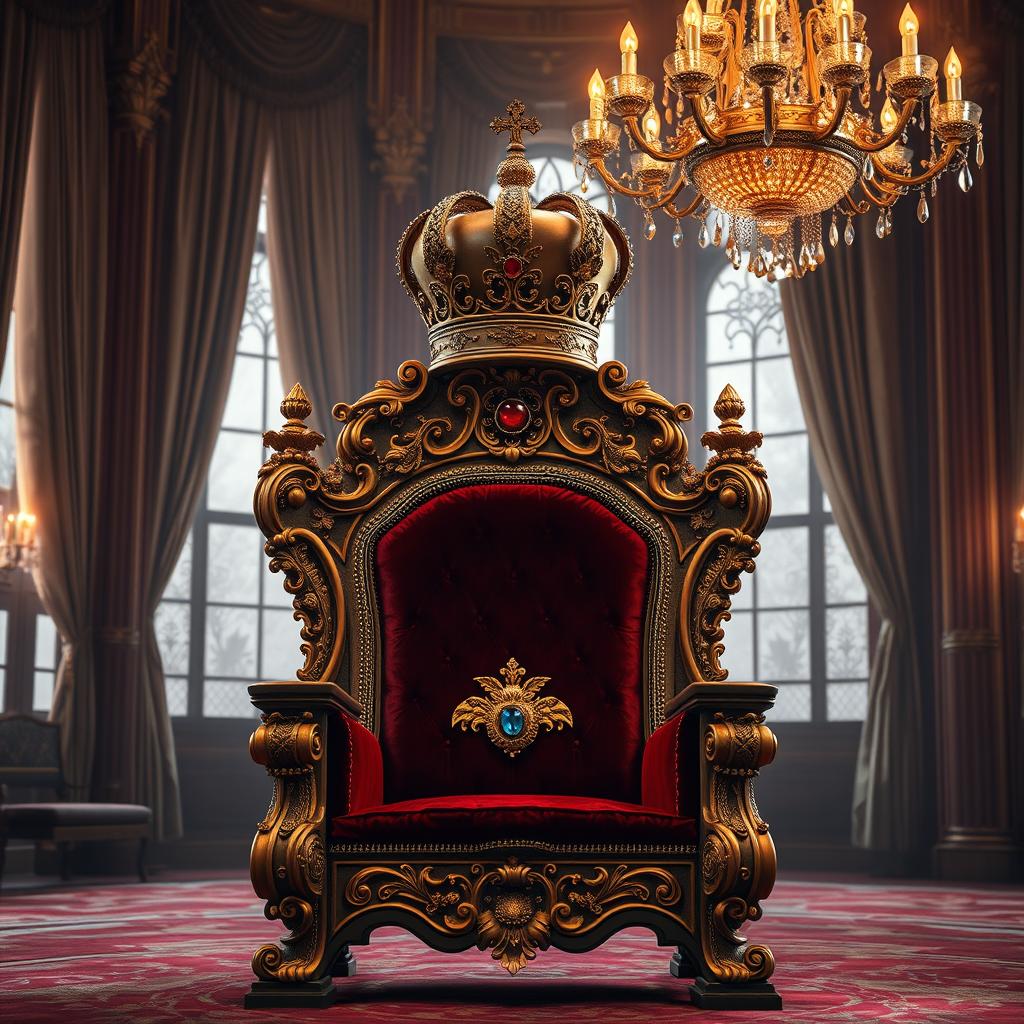 A beautifully crafted royal throne adorned with intricate carvings and gold leaf accents