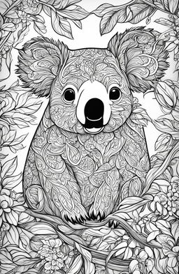 This adult coloring page features a highly detailed koala, inspired by Joanna Basford's enchanting style