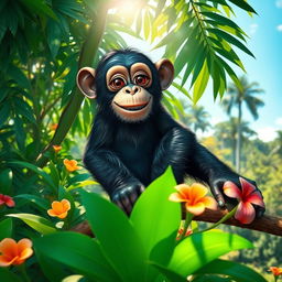 A charming chimpanzee sitting on a tree branch in a lush green jungle