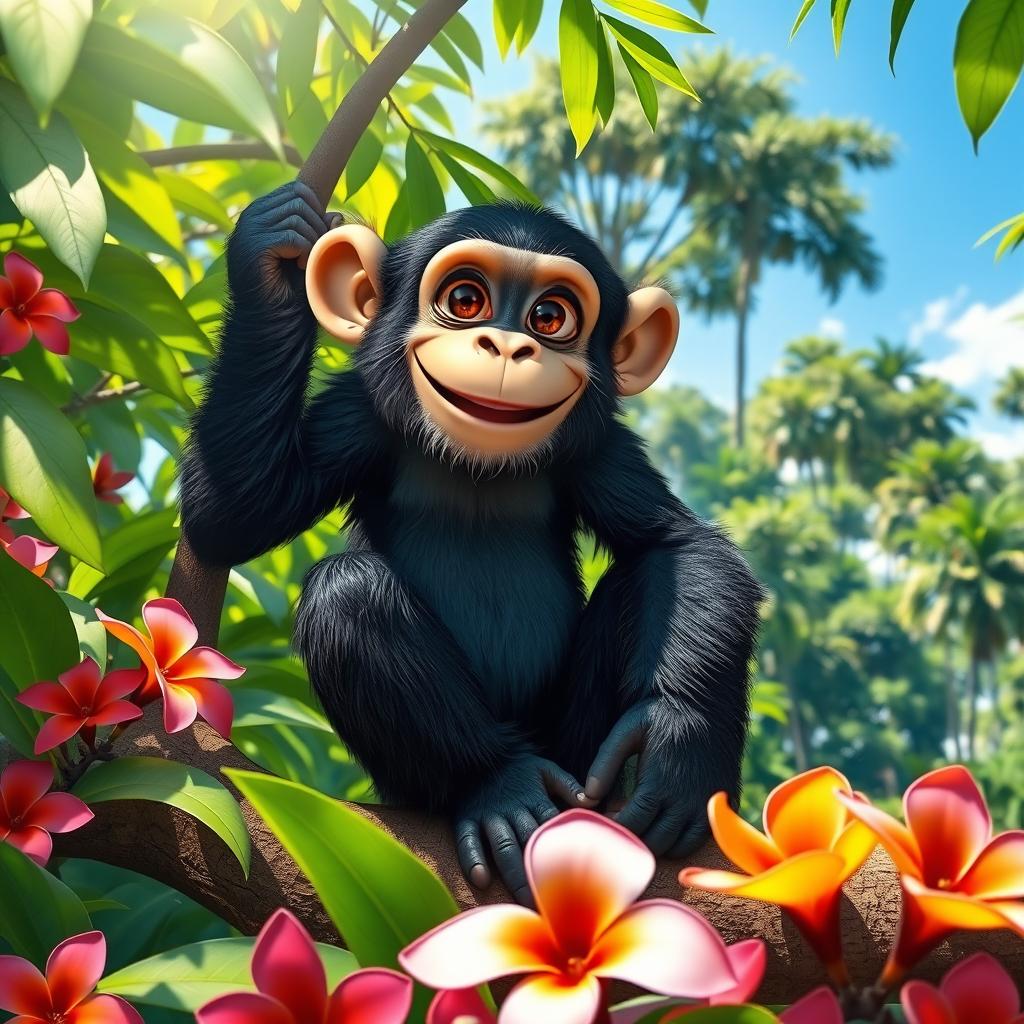 A charming chimpanzee sitting on a tree branch in a lush green jungle