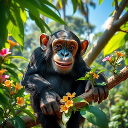A charming chimpanzee sitting on a tree branch in a lush green jungle