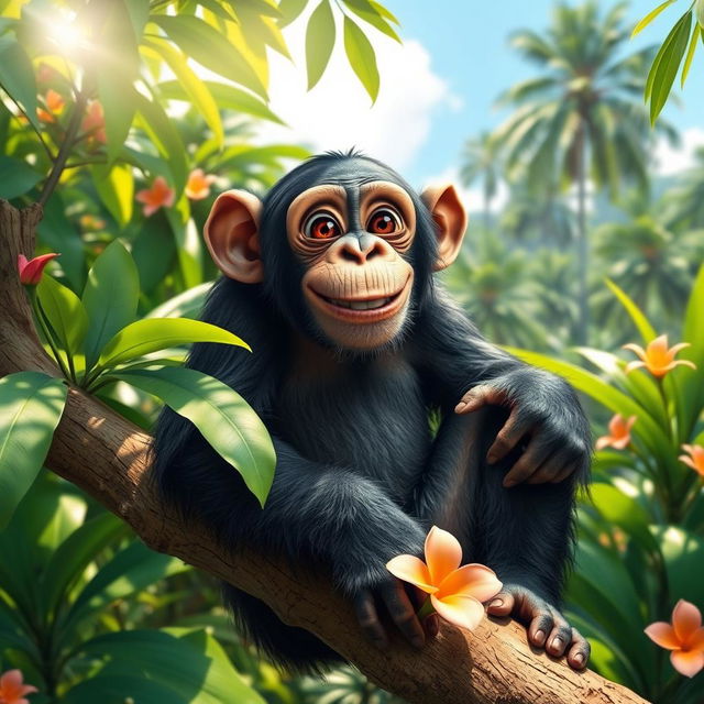 A charming chimpanzee sitting on a tree branch in a lush green jungle