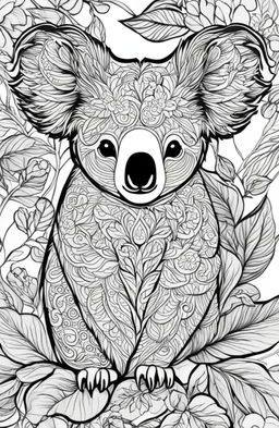 This adult coloring page features a highly detailed koala, inspired by Joanna Basford's enchanting style