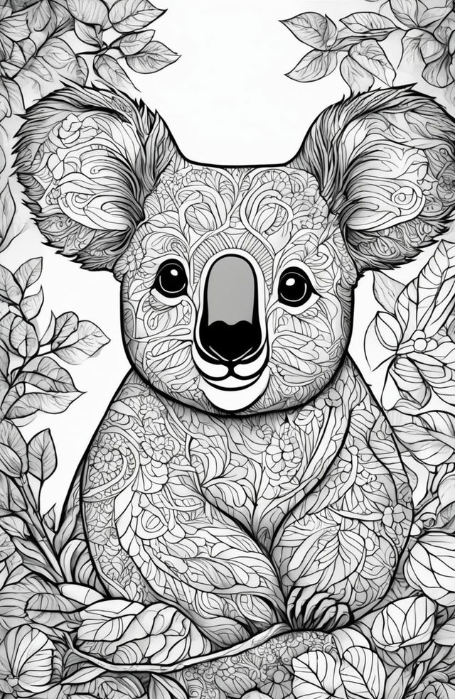 This adult coloring page features a highly detailed koala, inspired by Joanna Basford's enchanting style