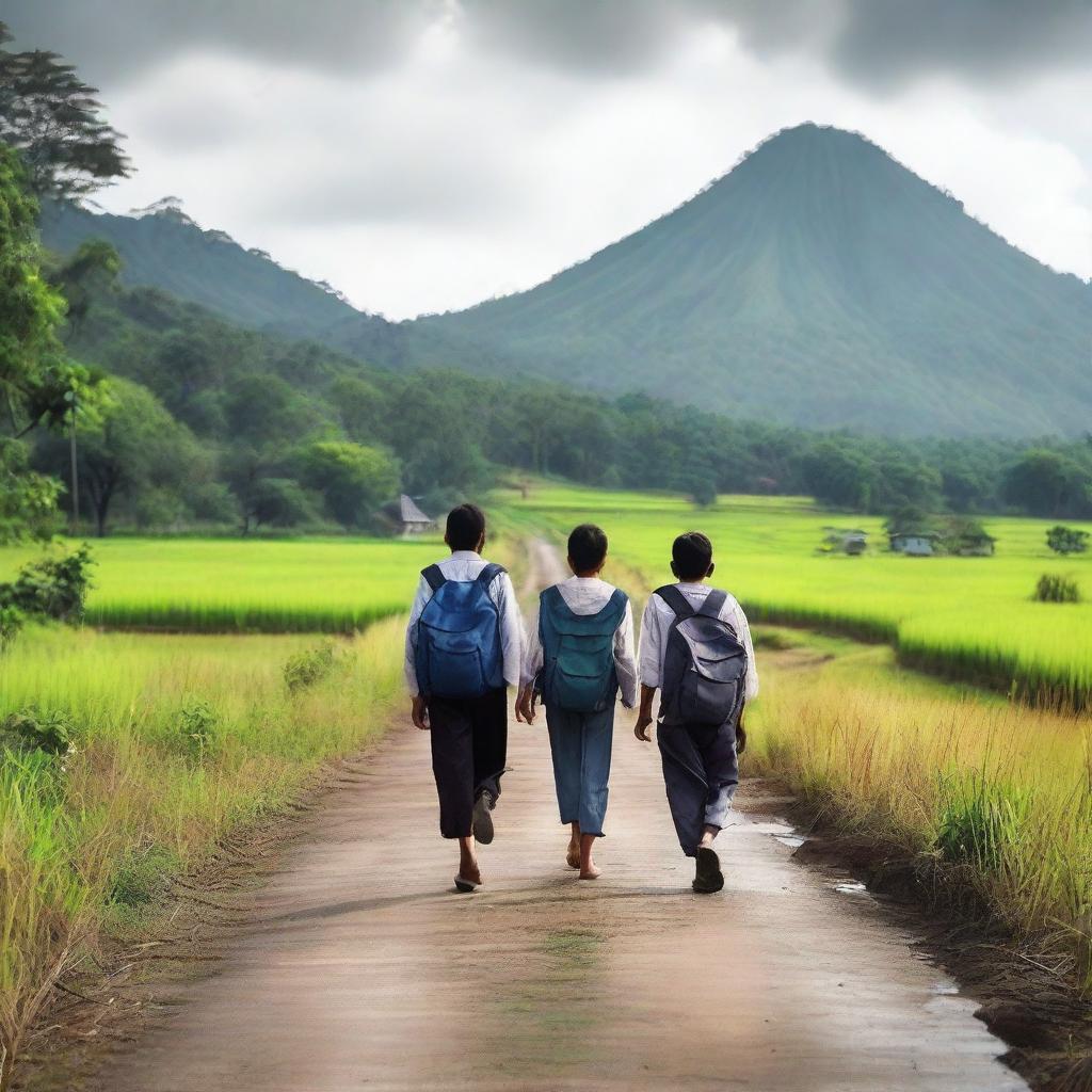 A hyper-realistic photograph depicting Indonesian school students walking to school through a rural landscape