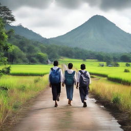 A hyper-realistic photograph depicting Indonesian school students walking to school through a rural landscape