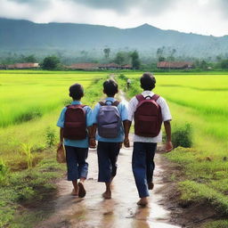 A hyper-realistic photograph depicting Indonesian school students walking to school through a rural landscape