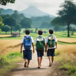 A hyper-realistic photograph depicting Indonesian school students walking to school through a rural landscape