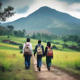 A hyper-realistic photograph depicting Indonesian school students walking to school through a rural landscape