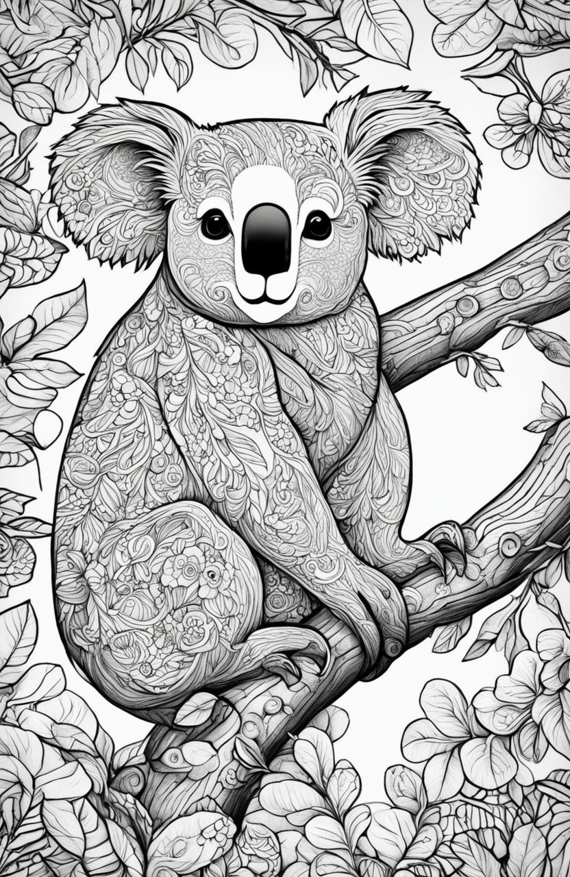 This adult coloring page features a highly detailed koala, inspired by Kerby Rosanes' imaginative style