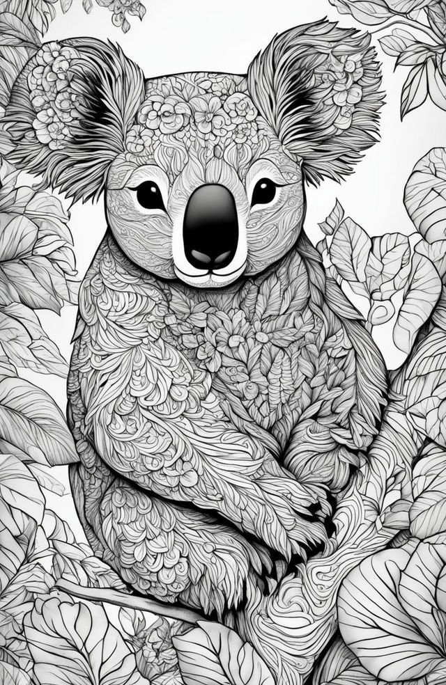 This adult coloring page features a highly detailed koala, inspired by Kerby Rosanes' imaginative style