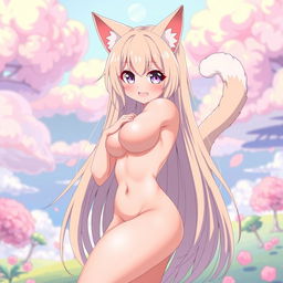 A completely nude female character with playful cat ears and a long, bushy cat tail, designed in a vibrant anime style