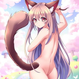 A completely nude female character with playful cat ears and a long, bushy cat tail, designed in a vibrant anime style