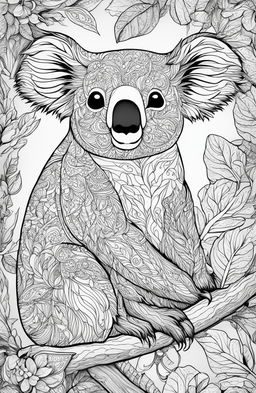 This adult coloring page features a highly detailed koala, inspired by Kerby Rosanes' imaginative style