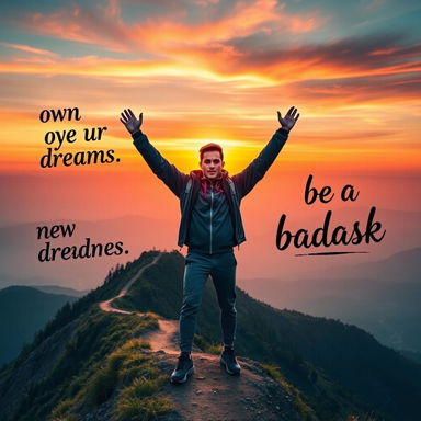 A bold and inspiring scene depicting a confident individual standing on a mountain peak, arms raised triumphantly, embodying the spirit of freedom and self-empowerment