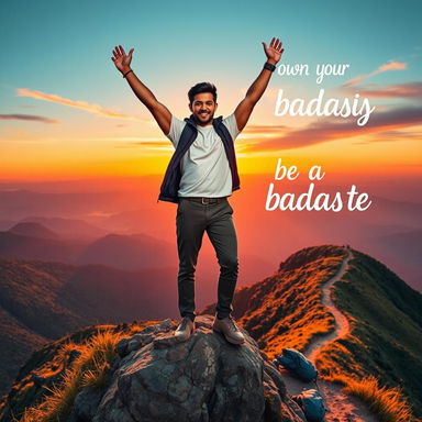 A bold and inspiring scene depicting a confident individual standing on a mountain peak, arms raised triumphantly, embodying the spirit of freedom and self-empowerment