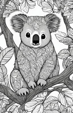 This adult coloring page features a highly detailed koala, inspired by Kerby Rosanes' imaginative style