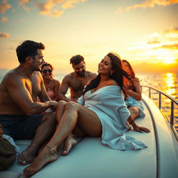A visually striking and steamy scene on a luxurious yacht featuring a cute Indian girl with long legs and flowing hair, relaxed and smiling while being passionately surrounded by admirers