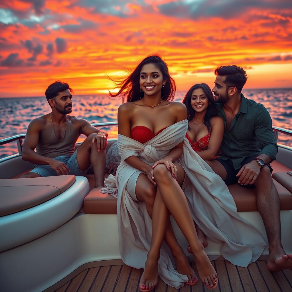 A visually striking and steamy scene on a luxurious yacht featuring a cute Indian girl with long legs and flowing hair, relaxed and smiling while being passionately surrounded by admirers