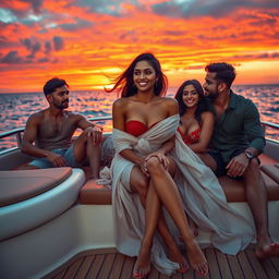 A visually striking and steamy scene on a luxurious yacht featuring a cute Indian girl with long legs and flowing hair, relaxed and smiling while being passionately surrounded by admirers