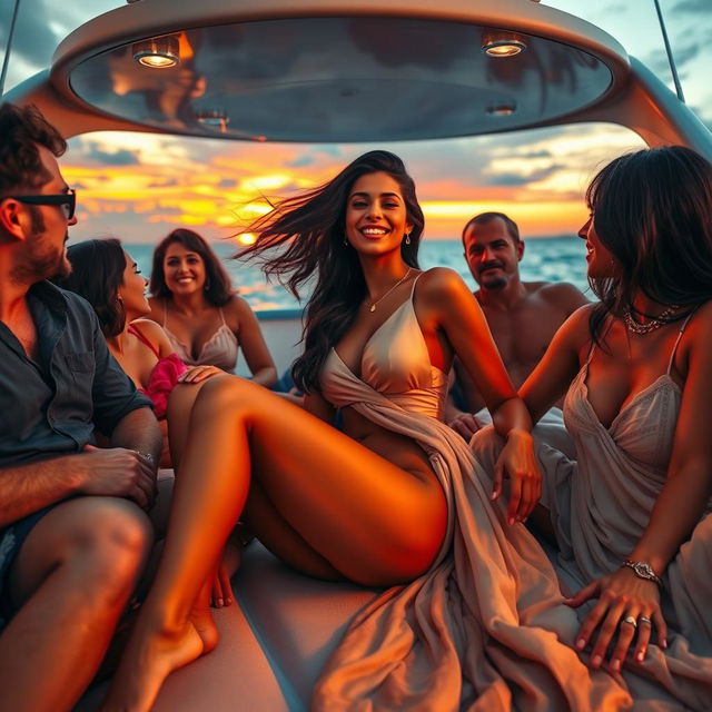 A visually striking and steamy scene on a luxurious yacht featuring a cute Indian girl with long legs and flowing hair, relaxed and smiling while being passionately surrounded by admirers