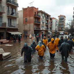 A dramatic scene showcasing the aftermath of a flood in Valencia, Spain, featuring submerged streets, partially submerged buildings, and rescue operations with emergency personnel