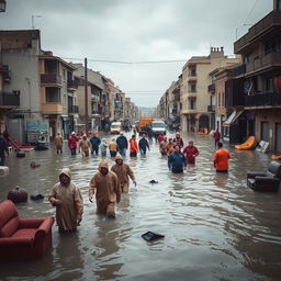 A dramatic scene showcasing the aftermath of a flood in Valencia, Spain, featuring submerged streets, partially submerged buildings, and rescue operations with emergency personnel
