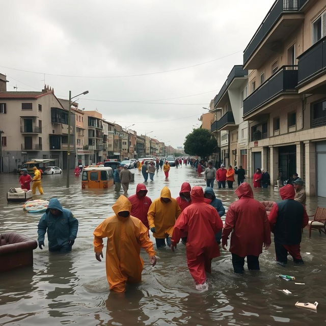 A dramatic scene showcasing the aftermath of a flood in Valencia, Spain, featuring submerged streets, partially submerged buildings, and rescue operations with emergency personnel