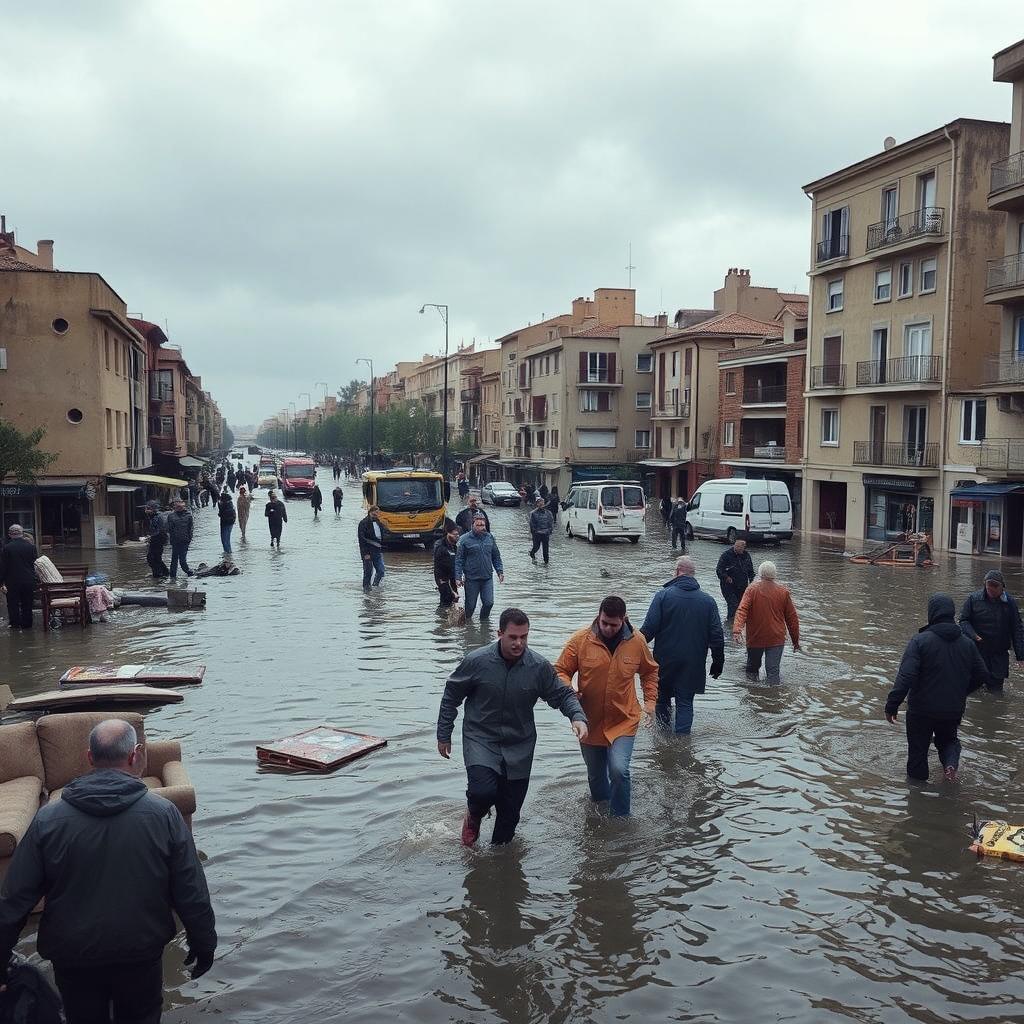 A dramatic scene showcasing the aftermath of a flood in Valencia, Spain, featuring submerged streets, partially submerged buildings, and rescue operations with emergency personnel