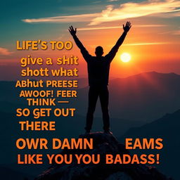 A stunning artwork depicting a confident person standing on a mountaintop at sunrise, arms raised triumphantly