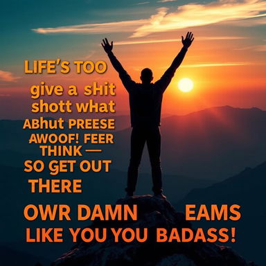 A stunning artwork depicting a confident person standing on a mountaintop at sunrise, arms raised triumphantly