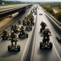 aerial view to the left, 10 combatants, in military camouflage, riding on hover-boards in the sky, next to a freeway, all combatants are armed with assault rifles and clad in skeleton face mask and normal bullet proof vests