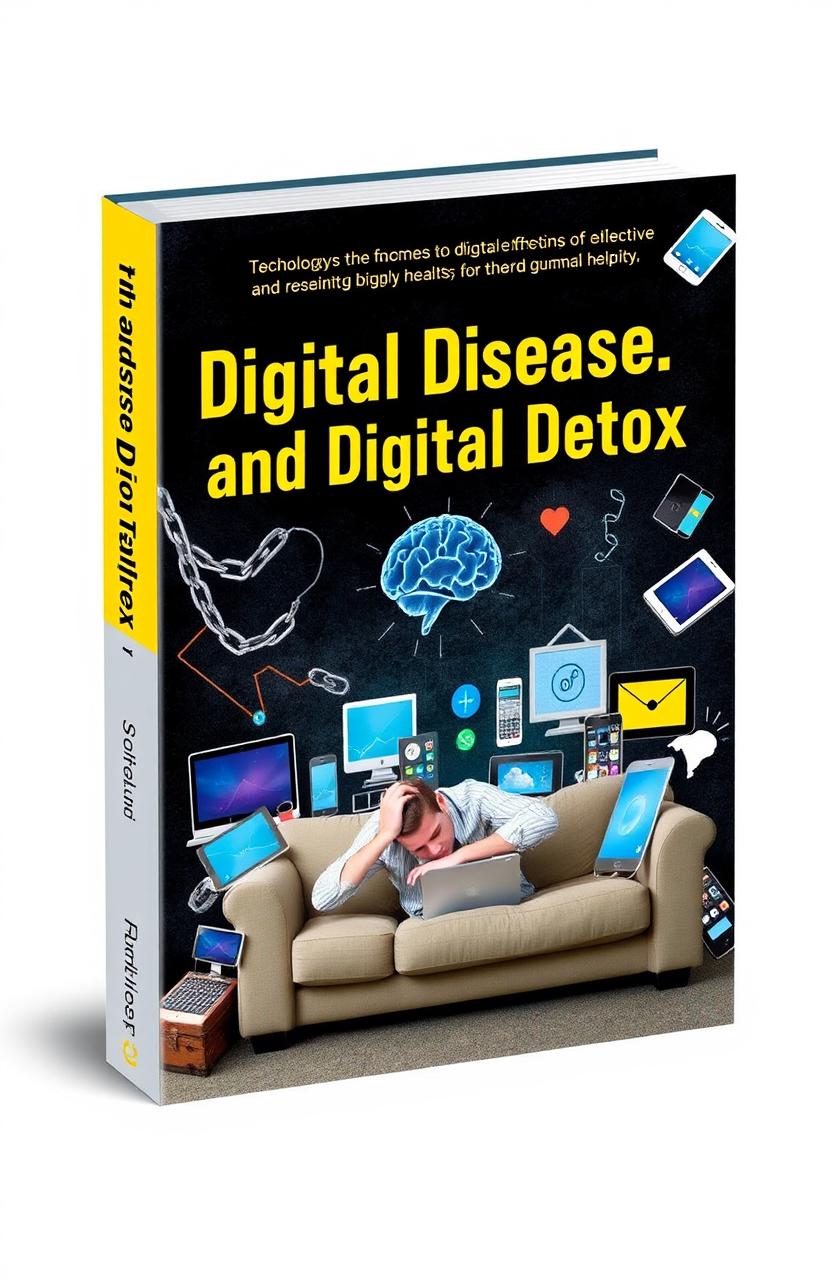 A book cover design titled 'Digital Diseases and Digital Detox', featuring a striking visual representation of technology's negative effects on human health