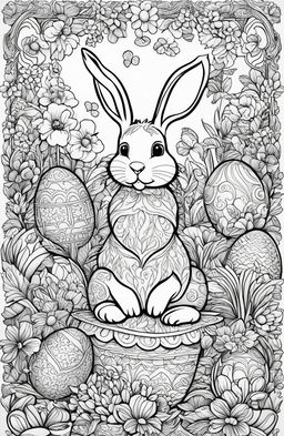 A black and white, Easter-themed colouring book page featuring an intricately detailed Easter bunny surrounded by decorated eggs and spring flowers, drawn by Tim Jeffs