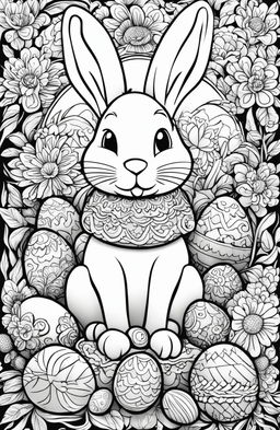 A black and white, Easter-themed colouring book page featuring an intricately detailed Easter bunny surrounded by decorated eggs and spring flowers, drawn by Tim Jeffs