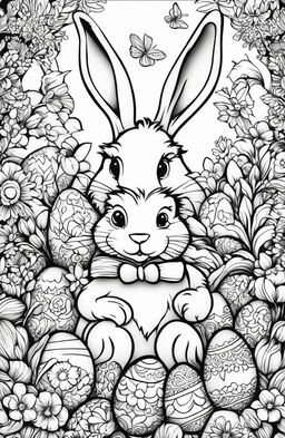 A black and white, Easter-themed colouring book page featuring an intricately detailed Easter bunny surrounded by decorated eggs and spring flowers, drawn by Tim Jeffs