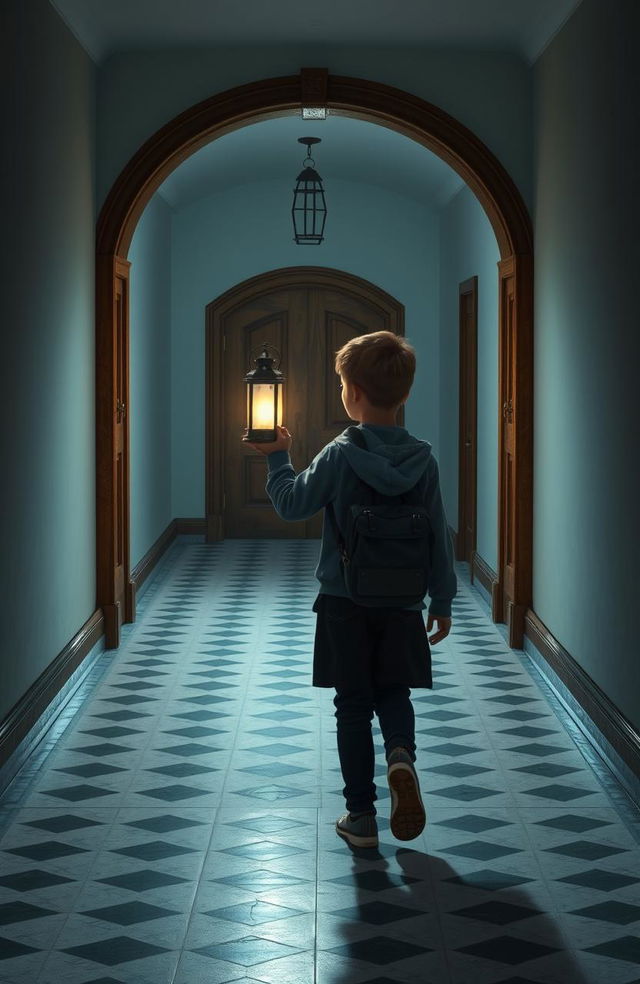 A scene depicting a 14-year-old boy holding a lantern and walking alongside a 14-year-old girl in a cold, empty hallway