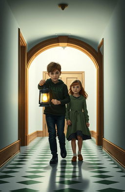 A scene depicting a 14-year-old boy holding a lantern and walking alongside a 14-year-old girl in a cold, empty hallway