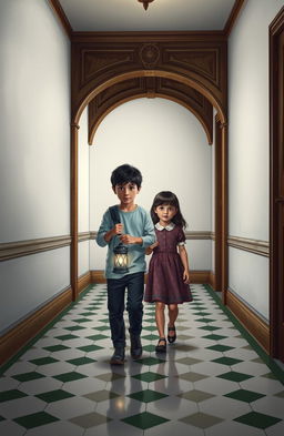 A scene depicting a 14-year-old boy holding a lantern and walking alongside a 14-year-old girl in a cold, empty hallway