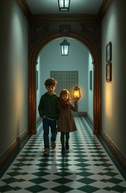 A scene depicting a 14-year-old boy holding a lantern and walking alongside a 14-year-old girl in a cold, empty hallway