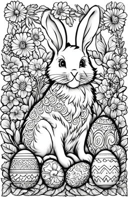 A black and white, Easter-themed colouring book page featuring an intricately detailed Easter bunny surrounded by decorated eggs and spring flowers, drawn by Tim Jeffs