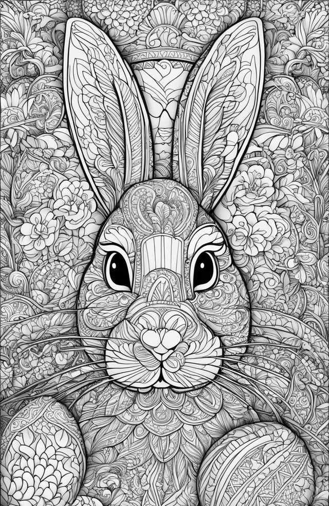 A black and white colouring book page featuring an intricately detailed Easter Bunny in the style of Tim Jeffs