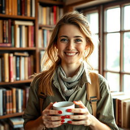 A captivating portrait of a 34-year-old woman named Emma, embodying a spirit of adventure and love for literature