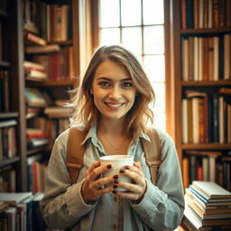 A captivating portrait of a 34-year-old woman named Emma, embodying a spirit of adventure and love for literature