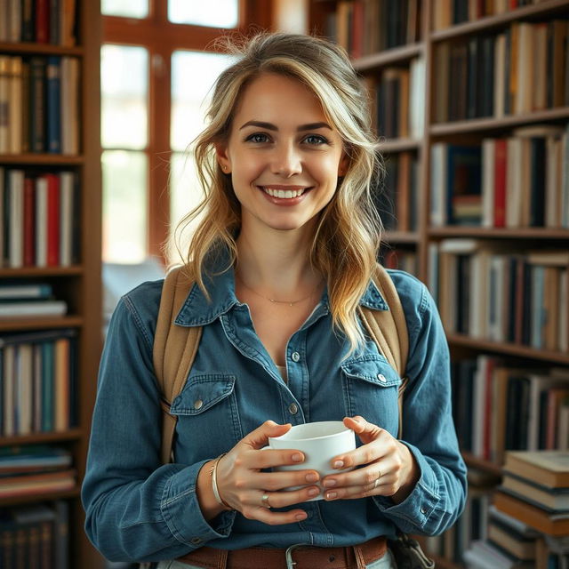 A captivating portrait of a 34-year-old woman named Emma, embodying a spirit of adventure and love for literature