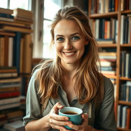 A captivating portrait of a 34-year-old woman named Emma, embodying a spirit of adventure and love for literature