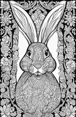 A black and white colouring book page featuring an intricately detailed Easter Bunny in the style of Tim Jeffs