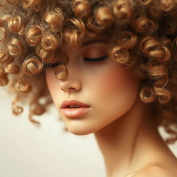 A close-up, artistic representation of an abstract female form with textured, fluffy hair in a curly, playful style